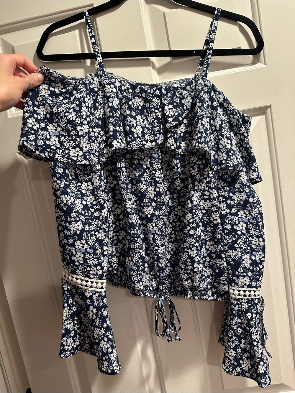 Iz Byer Navy and White Floral Off-Shoulder Ruffle Tie-Hem Top